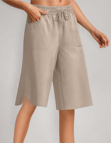 Pantalones Cortos De Cintura Elástica Con Bolsillos De Lino