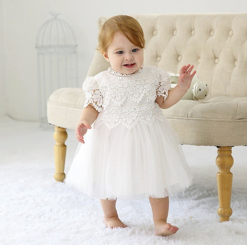 Imagem 3 de 6 de Vestido Bebê Batizado Casamento Com Renda Guipir E Saia Tule