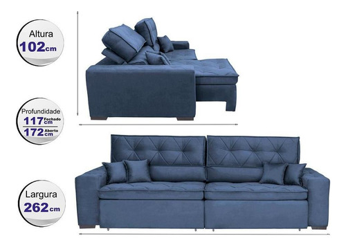 Sofá Austin 2,82m Retrátil, Reclinável com Molas no Assento e Almofadas, Suede Azul Cama inBox