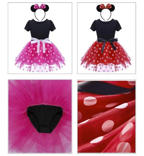 Imagem 9 de 9 de Vestido Infantil Minnie Luxo Com Arco Saia Voal E Laço Cetim