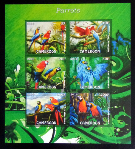 Camerún Aves, Bloque 6 Sellos S D Loros 2016 Mint L9889