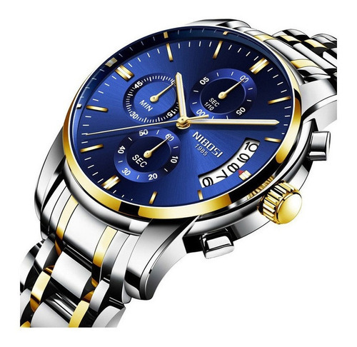 Relojes Nibosi Metallic Chronograph para hombre, cuarzo 2353, color de fondo plateado, dorado y azul