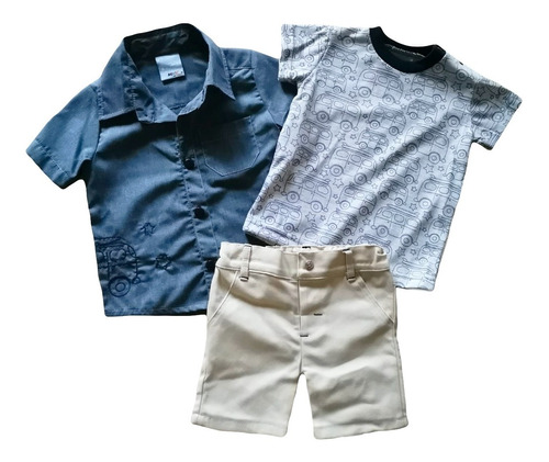 Conjunto Bebé Niño 3 Piezas Camisa Carritos Pantalon Y Short