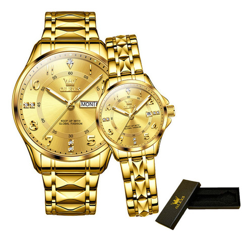 Reloj De Pareja Olevs Con Calendario De Diamantes De Lujo, 2 Color Del Fondo Dorado