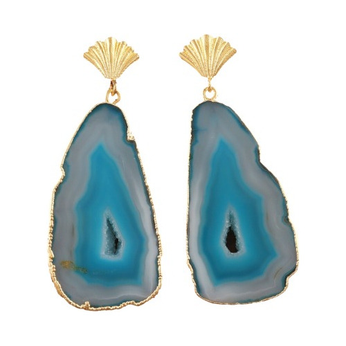 Aretes Con Rebanada De Ágata Azul Celeste, Chapados En Oro