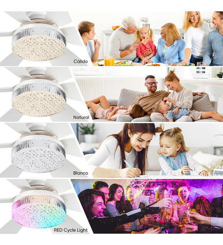 Foco Ventilador Led Rgb E26/e27 40w, Lámpara De Techo Foco Abanico Pantalla De Cristal Con Control Remoto, Incluye Expansor Y Base De Abanico