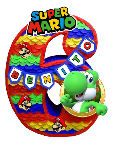 Piñata Personalizada Yoshi Mario Bros Número A Elegir 70 Cm