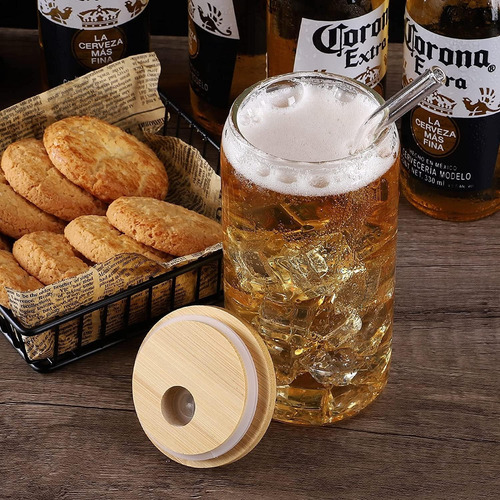 Set De 6 Vasos De Vidrio Con Tapas De Bambú Y Popotes