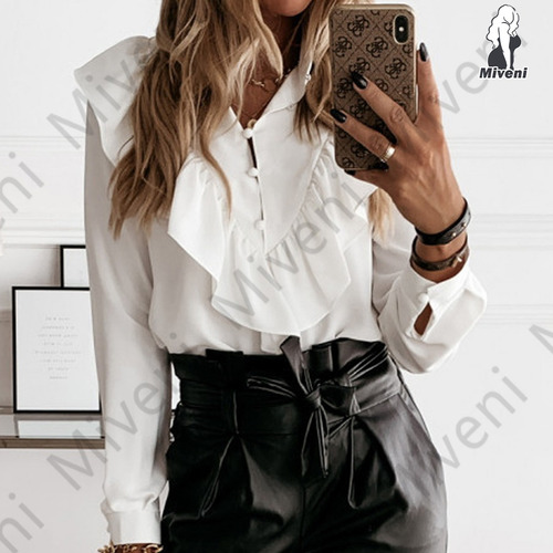 Camisa De Cuello Alto Con Botones Y Volantes En V