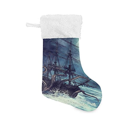 Medias De Navidad Con Diseño De Barco Pirata, Color Blanco, 