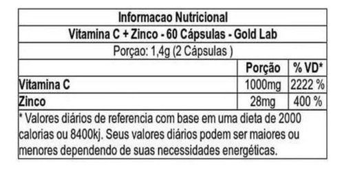 Vitamina C 1000mg + Zinco 28mg Gold Lab Com 60 Cápsulas