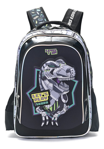 Mochila Negra Dinosaurio Mecánico Escolar Skora Let's Play