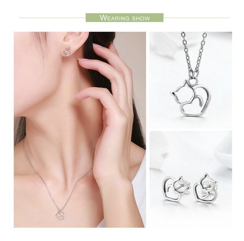 Collar Y Aretes Para Mujer Gato Adorable En Plata 925