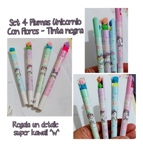 Set 4 Plumas De Gel Kawaii Unicornio Tinta Negra Punto Fino