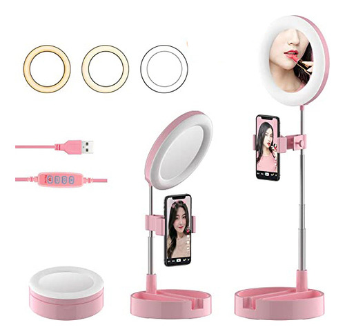 Aro De Luz Con Espejo Maquillaje Soporte Celular Plegable