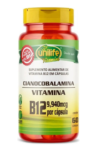 Vitamina B12 Cianocobalamina Unilife 60 Cápsulas 9,940mcg
