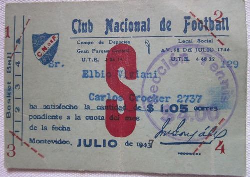 Antigua Tarjeta De Pago De Club Nacional De Futbol 1943