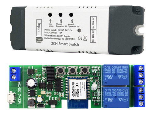 Módulo De Relé Tuya Wifi Switch 2 Canales Ac/7-32 V Rf/app