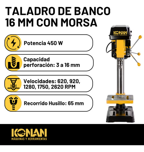 Konan Taladro De Banco 16mm + Morsa Plana 450w 5 Velocidades Amarillo