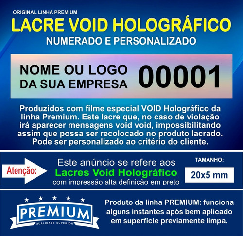 Lacre Void Holográfico Premium Personaliza 20x5mm 500un Pb