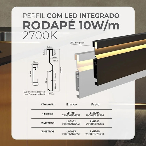 Perfil De Rodapé Branco C/ Led Integrado 1m 10w/m Ip65 2700k