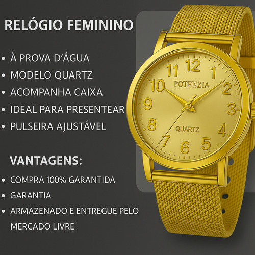 Relógio Feminino Prova D Água + Kit Colar E Brincos + Caixa Dourado Dourado Dourado