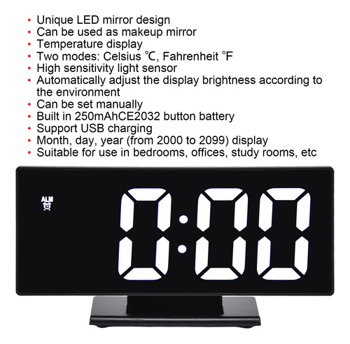Reloj Despertador Digital, Pantalla De Espejo Led, Carga Usb