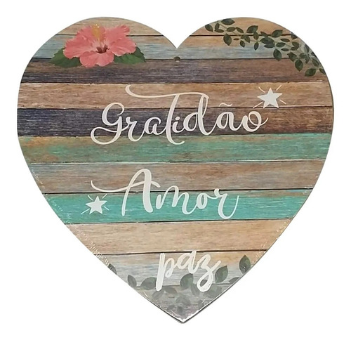 Imagem 1 de 2 de Quadro De Madeira Coração Gratidão Amor Paz 29cmx29cm Fwb