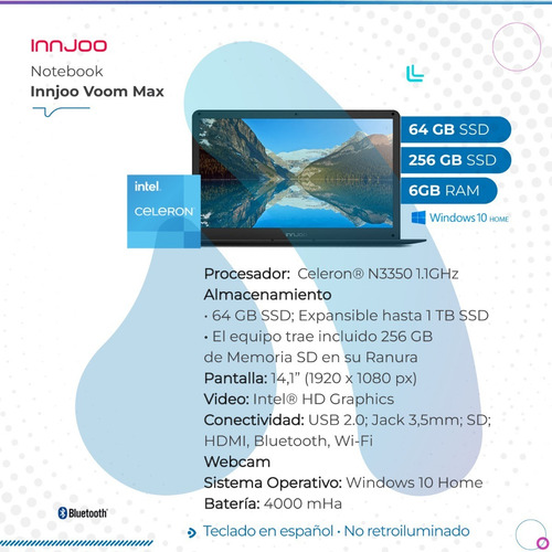 Imagen 2 de 10 de Notebook Innjoo Voom Max 6gb 64gb Ssd 256gb Sd W10h Negro