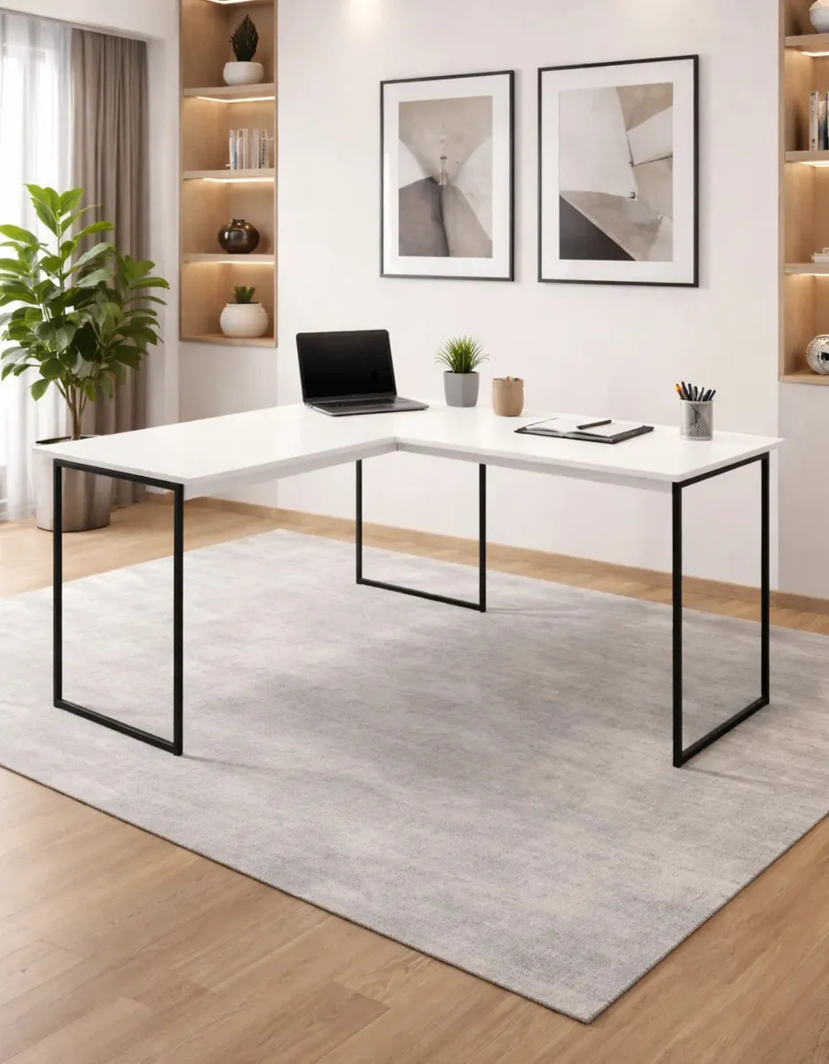 Mesa Em L Industrial 120x150 Escritório Home Office Pés Ferro Max Branco/preto