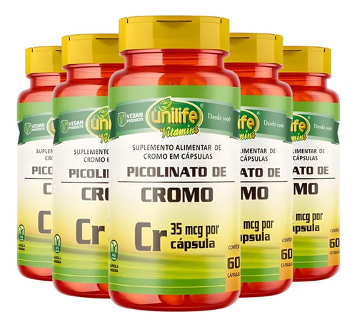 Kit C/ 5 Picolinato De Cromo 500mg 60 Vegan Caps - Unilife