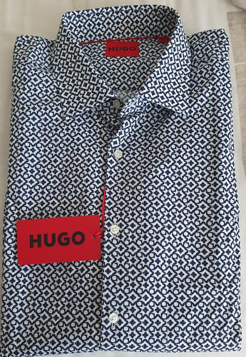 Camisa Hugo Boss Hombre Talla 42 L Color Azul Con Blanco 