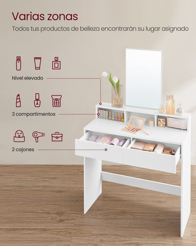 Tocador Mesa De Maquillaje Con Cajones Y Espejo Grande Blanc