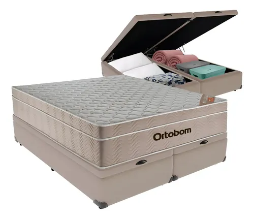 Cama Box Baú Queen Ortobom Airtech Molas Ensacadas Bege com Suede