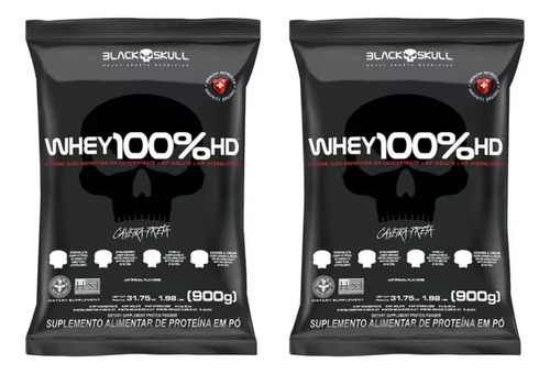 Kit 2x Whey 100% Hd Refil 900g - Black Skull Sabor Morango