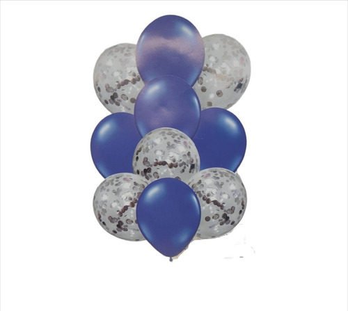 Set 10 Globos Azul Plata Cristal Latex Confetti Apto Helio