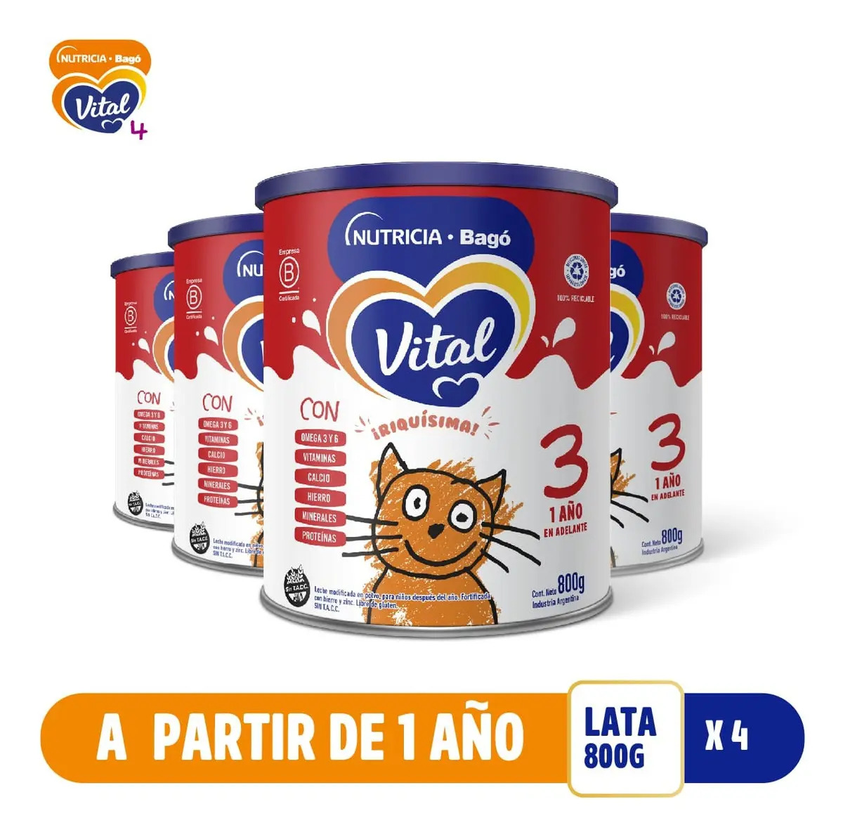 Leche En Polvo Vital Infantil 3 Lata 800 Gr (Pack 4 unidades)