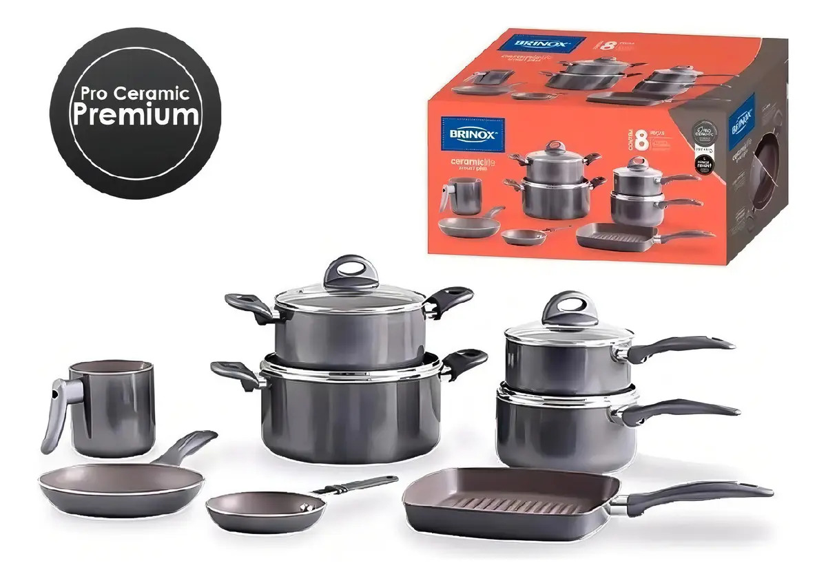 Jogo de panelas de cozinha Brinox Life Smart Plus 4791/105 com 8 peças de cerâmica, alumínio, vidro temperado, cabo soft-touch cinza