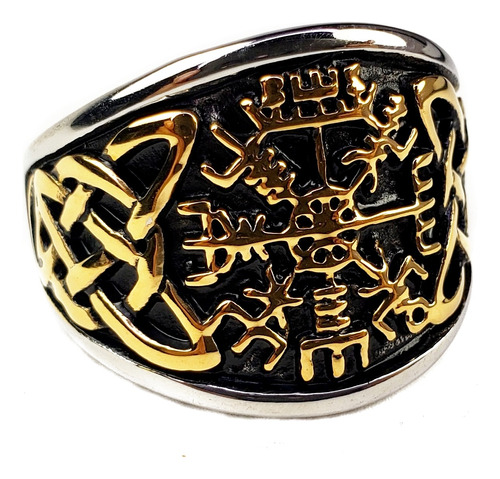 Anillo Vegvisir Brújula Vikinga Con Dorado Acero Inoxidable