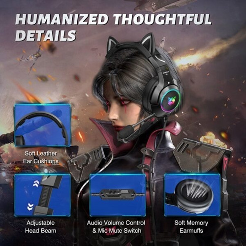 Imagen 3 de 4 de Audífono Gamer K9 Orejas De Gatito Rosado Onikuma