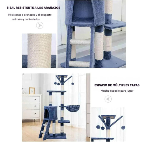 Rascador Para Gato Árbol Gimnasio Torre Todo En 1 Con Casa Azul