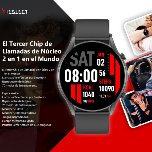 Imagen 6 de 10 de Smartwatch Kieslect Kr 1.32" caja 45.7mm de metal negra, malla negra de silicona y bisel negro