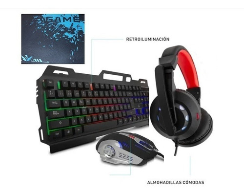 Kit Gamer Teclado + Mouse + Mousepad + Audifonos 4 En 1