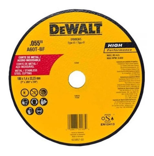 Disco Abrasivo P/ Corte Inox 7x1.6x7/8 Pol. Dw8065-ar Dewalt Cor Amarelo