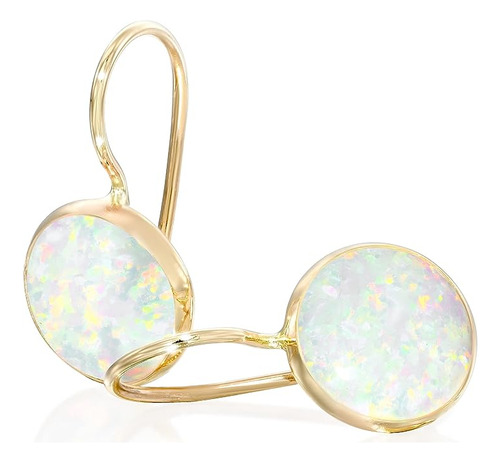 14k Solid Yellow Gold White Opal 8mm Gemstone Dangle Earring