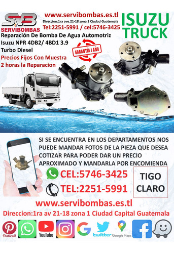 Bomba De Agua Isuzu Npr 4bd1,4bd2 3.9 Turbo Guatemala