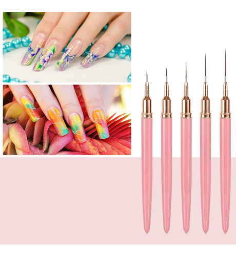 5 Pinceles Liner Para Decoracion De Uñas Fino Mano Alzada Color Rosa