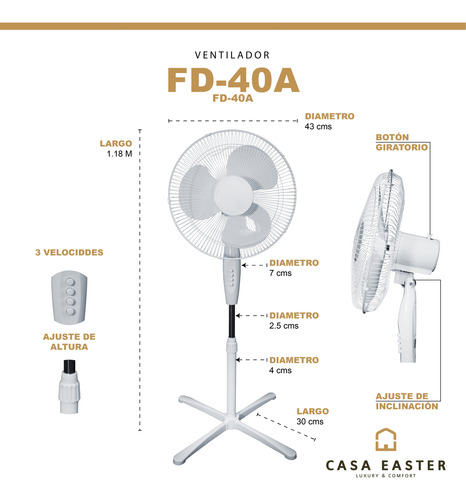 Ventilador De Pie 43 Cm Diametro Caja Con 4 Pz Mod. Fd-40a 43 Cm Blanco Blanca Plástico 3