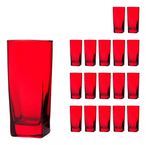 Jogo 18 Copos Chiques Vidro Quadrado 320ml Vermelho Luxo