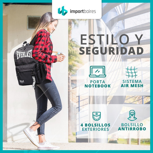 Imagen 6 de 10 de Mochila Everlast Porta Notebook Urbana Reforzada 100% Original Deportiva Escolar Gimnasio Gym Unisex